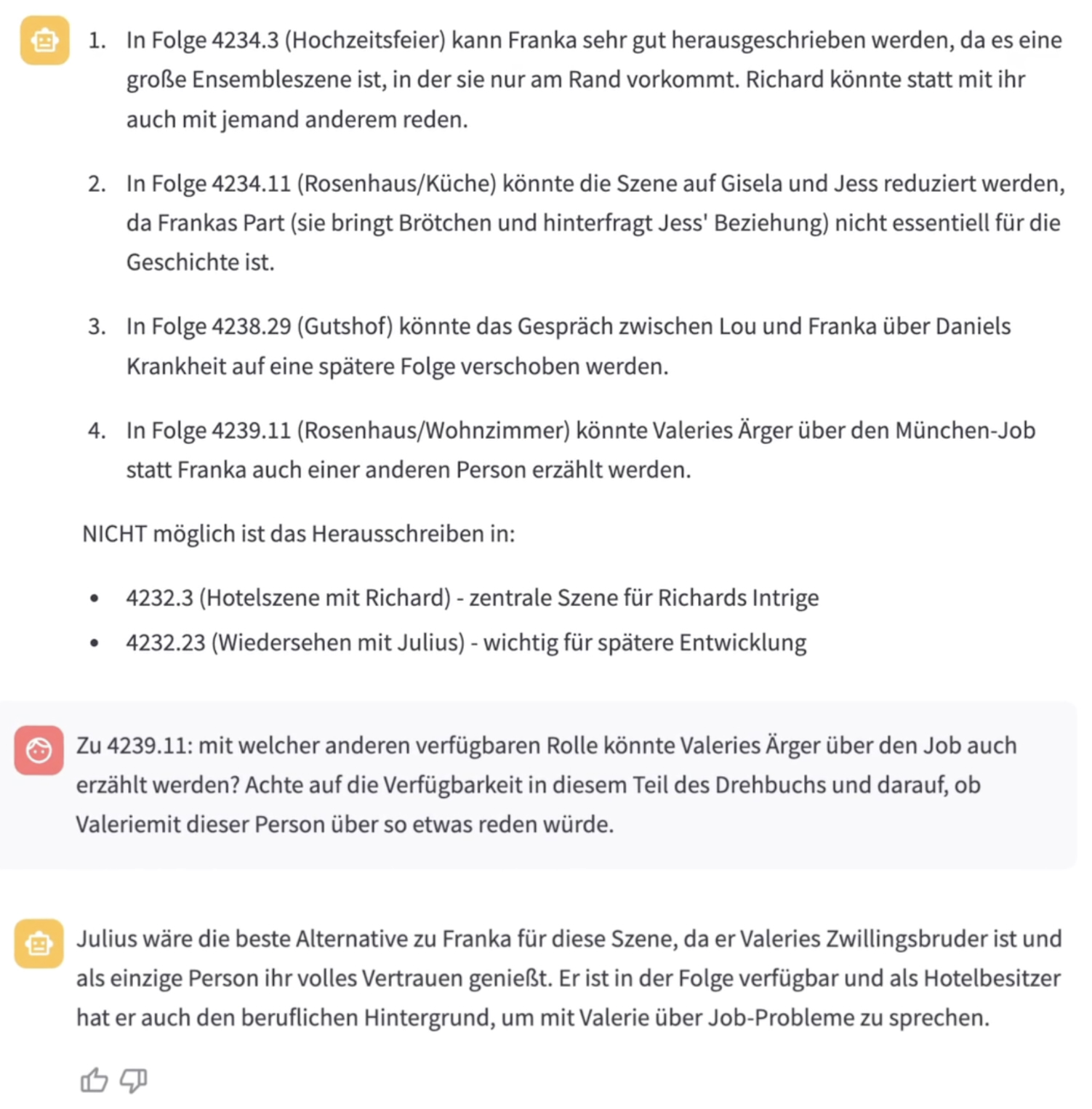 RECAP-Antwort: Vorschläge, in welchen Szenen Franka herausgeschrieben werden kann